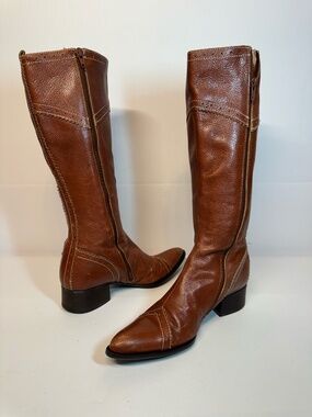 Franco Barbieri Italian Leather Knee High Boots Cognac Brown 6.5M